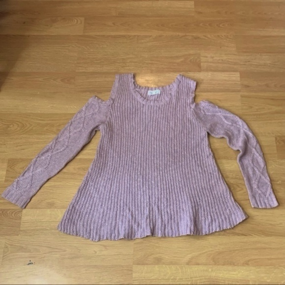🎀 Light Rose Colored Knit Sweater Open Shoulder Chunky Cable Knit 🎀